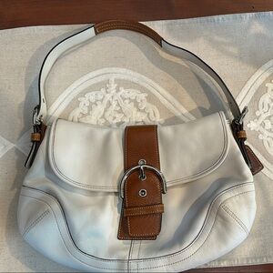 Elegant White and Brown Leather Shoulder Bag